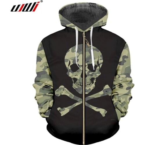 UJWI Splicing 3D Printed Creative Camouflage skull Zip Hoodies Man Hipster Fitness Clothing Men Spandex High Quality Zipper Coat