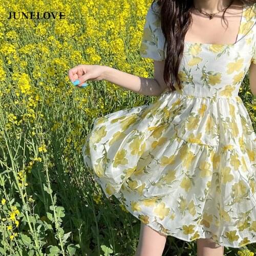 JuneLove Short Sleeve Elegant Mini Dress Women Fairy Design Casual Vintage Floral Dress Party One Piece Dress Korean 2021 Summer