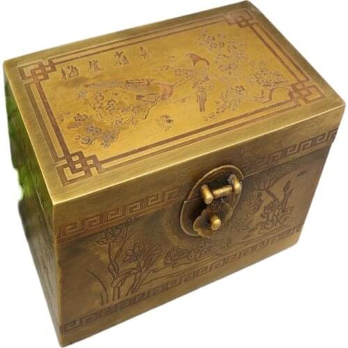 Chinese old beijing treasure chest copper storage box brass painting jewelry box
