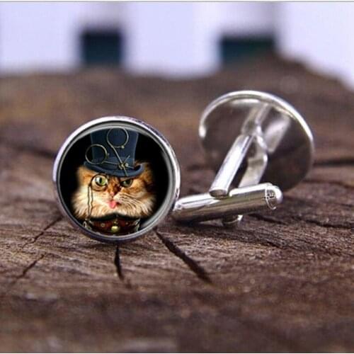 SUTEYI Simple Style Cat Cufflinks For Mens Cute Animal Picture Glass Dome Cufflink Charms Wedding Party Shirt Cuff Links Jewelry