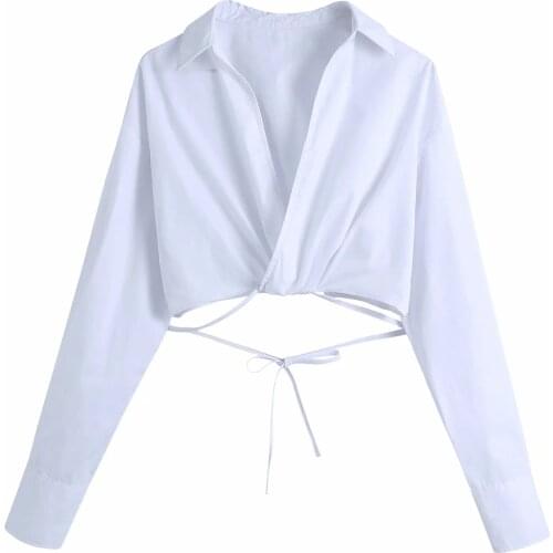 ZA New Sexy V-neck Cross Tie Shirt Long Sleeve Shirt Women Bottoming Shirt Female High Waist Short Tops XITIMEAO