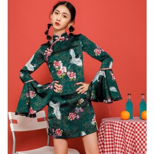 New Chinese Style Traditional Qipao Dress For Ladies Vintage Elegant Crane Print Cheongsams Dresses Women Chic Party Dress
