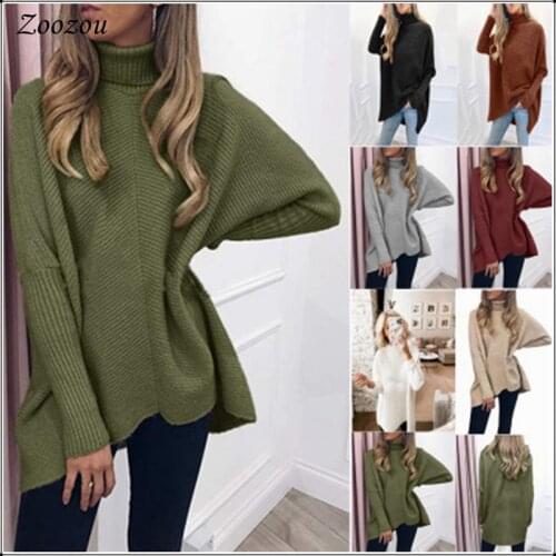 New Autumn Winter Women Knitted Sweaters Loose Pullovers Ladies Sweater Solid Color Turtleneck Bat Sleeve Midi Length Sweaters