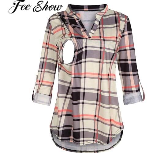 Maternity Breastfeeding Tops Women Pregnancy Long Sleeve Plaid V Neck Nursing Shirts Plus Size Blouses Pregnant Casual Clothing