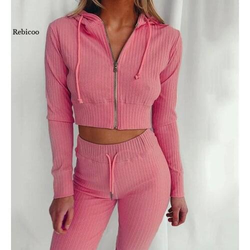 Solid Knitted Women Hooded 2 Piece Set Loose Long Sleeve Sweatshirt Wide-legged Elastic Waist Pants Lady Sets 2021 Spring Casual