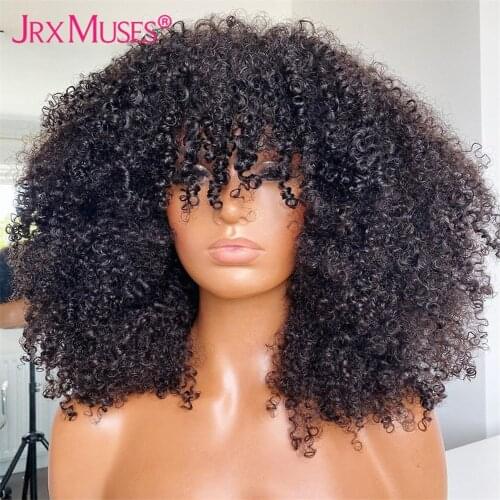 Afro Kinky Curly Wig with Bangs Human Hair 200 Density Full Machine Made Human Hair Wigs for Women Brazilian Curly Wigs Remy