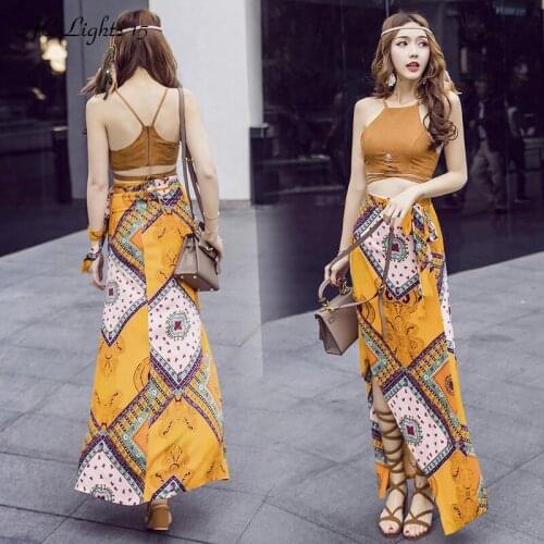 Sexy Women Party Suit Elegant 2 Piece Set Printed Bohemian Irregular Skirt Suit Hippie Boho Chic Backless Crop Top Beach Set