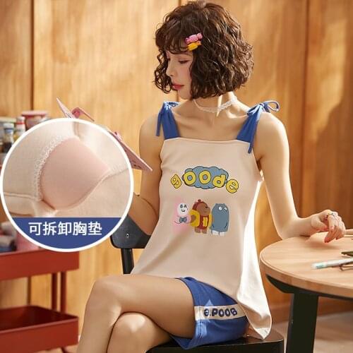 Breast pad womens summer thin suspender with pure cotton cute cartoon shorts can be worn in two-piece home clothes