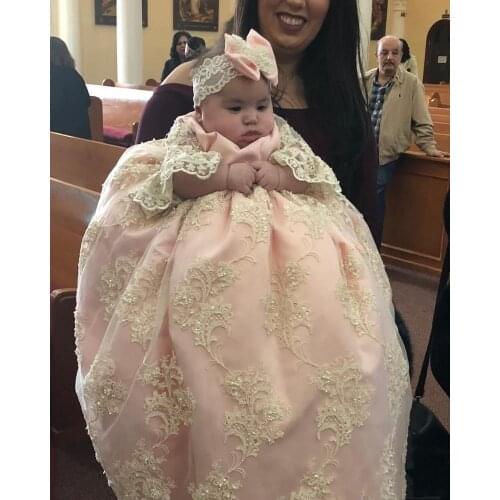 Girls Pink Christening Gowns For Baby Girls Lace Appliqued Pearls Baptism Dresses With Bonnet First Holy Communion Dresses