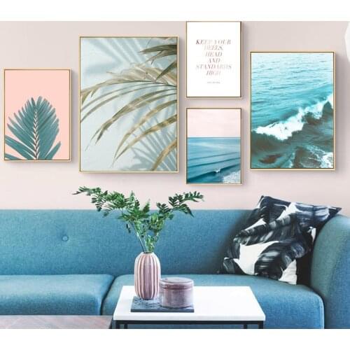 Blue Sea Palm Leaf Motivational Quotes Wall Art Canvas Painting Nordic Posters And Prints Wall Pictures For Living Room Decor