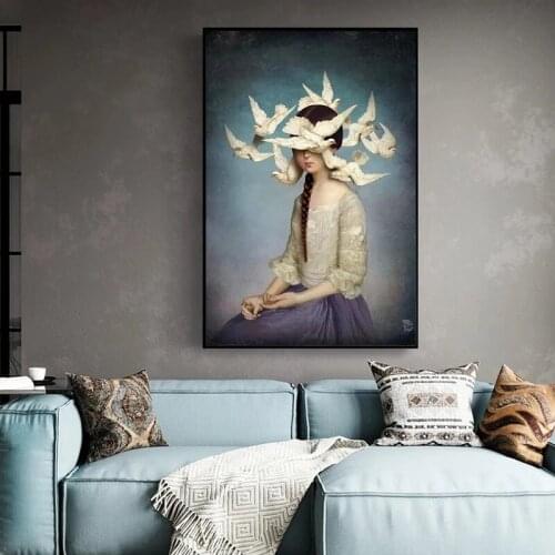 Nordic Art Girls Bird of Peace Surround the Girl Canvas Paintings on the Wall Art Posters and Prints Pictures For Living Room