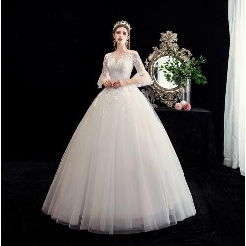 Wedding Dress Lace Up Embroidery Floor-Length New Tulle Pleat Half Sleeves Elegant O-Neck Plus Size Wedding Gowns For Women G129