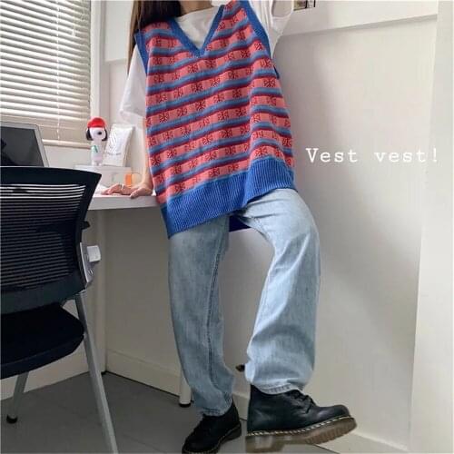 Loose Striped V-neck Sleeveless Sweater Women Casual Korean Vintage Loose Y2k Street Knit Pullover Harajuku Sweater Vest Female
