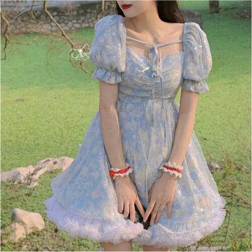 Lolita Puff Sleeve French Yarn Fairy Dress Summer Japanese Soft Girl Bow Tie Waist Princess Dress Cute Dress