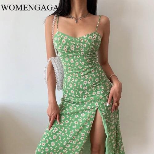 Green Sexy Split Dress Sexy 2020 Daisy Straps French Daisy Print Suspender Dress Backless Dresses QZ07