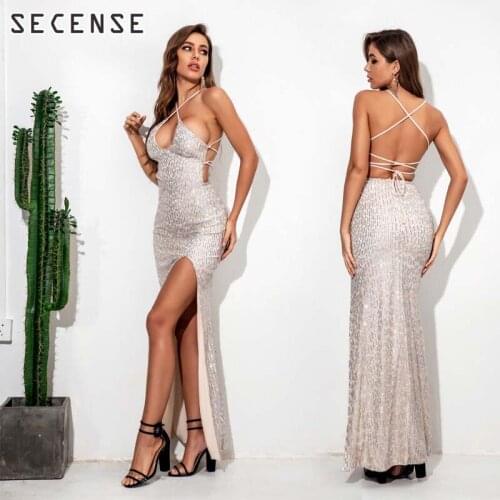 Womens Dresses Sexy Backless Sequinned Maxi Dress Ladies Bodycon Club Party Elegant Vintage Christmas Long Dress Fashion SECENS
