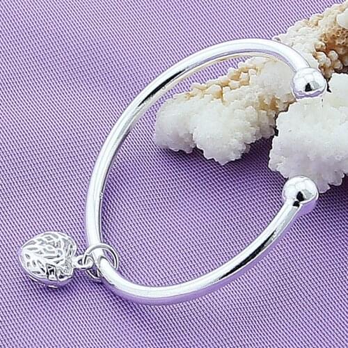DOTEFFIL 925 Sterling Silver Double Beads Heart Cuff Bangle Bracelet For Woman Wedding Engagement Fashion Charm Party Jewelry