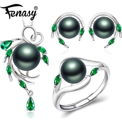 FENASY Pearl Jewelry Sets Pearl necklace earrings for women Bohemian 925 sterling silver Emerald big tree pendant ring set