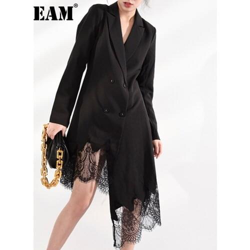 [EAM] Women Black Double Breasted Lace Irregular Dress New Notched Long Sleeve Loose Fit Fashion Tide Spring Autumn 2021 WM66501