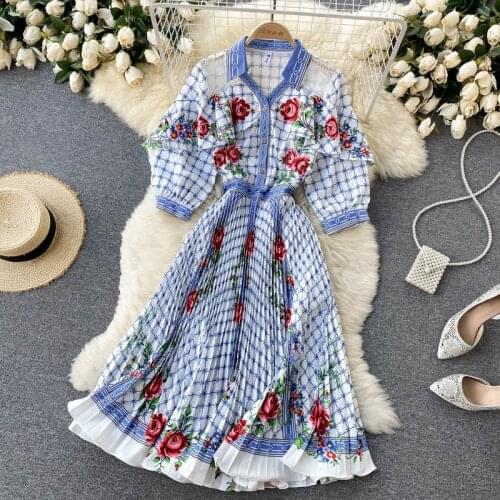 Sicilian Rose Floral Stripe Plaid Long Sleeve Maxi Shirt Dress Fall Women Pleated A Line Lace Up Belt Single Breasted Vestidos