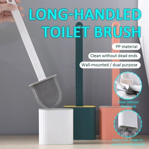 1Set Silicone Toilet Brush With Base Leak Proof Flat Head Flexible Soft Bristles Brush With Holder Set Cleaning Brush For WC