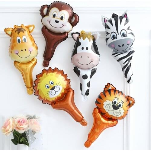 10pcs/lot Animal Handheld Stick Foil Balloons Tiger Lion Zebra Kids Birthday Party Decorations Baby Shower Hand Stick Toys