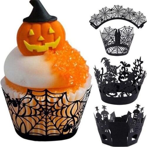 12pcs Halloween Cupcake Wrappers Spiderweb Witch Castle Paper Liners Holders for Halloween Party Wedding Birthday Decoration