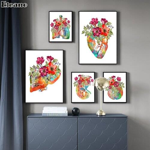 Abstract Watercolor Flowers In The Heart Lung Modern Human Organs Poster Anatomia canvas painting for Doctors Office Decoration