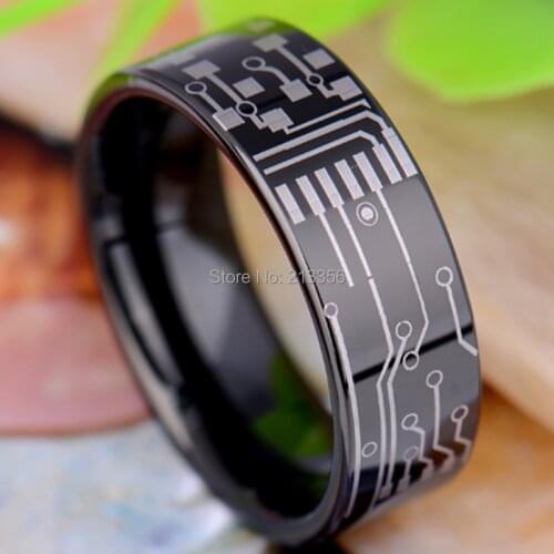 Free Shipping!USA Hot Sales E&C TUNGSTEN LUXURY JEWELRY 8MM CIRCUIT BOARD SHINY BLACK PIPE THE LORD MENS TUNGSTEN WEDDING RING