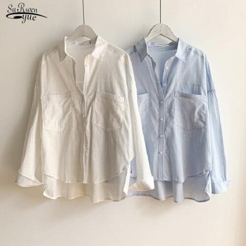 2021 Autumn Pocket Long Sleeve White Shirts for Women Cotton Linen Loose Women Blouse Casual Office Lady Tops Blusas Mujer 16307