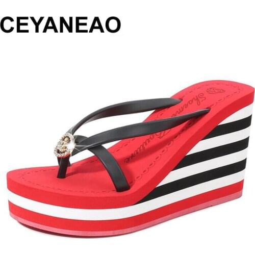 CEYANEAO Women slippers summer beach shoes casual new thongs stripe platform rhinestone babouches zapatos de mujer