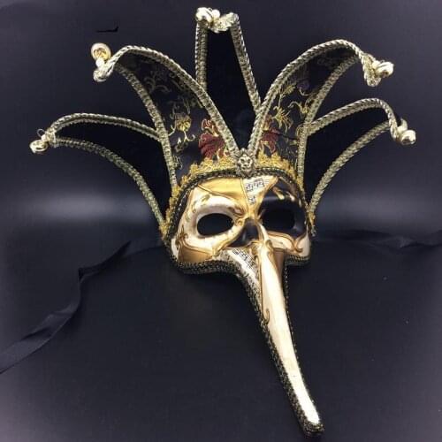 Black/Red Five Horn Long Nose Phantom Opera Venetian Mask with Bell Handmade Full Face Cosplay Halloween Mask Party Props Anime