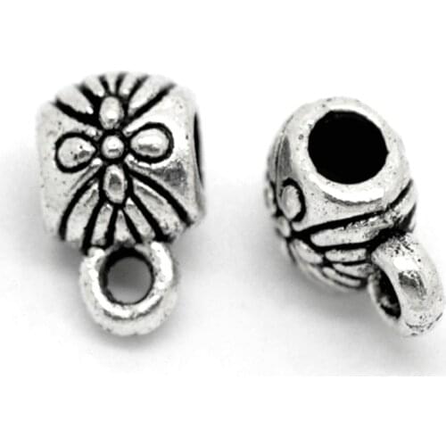 Doreen Box Lovely 100PCs Silver Color Flower Pattern Bail Beads 9x6mm( 3/8"x 2/8") (B19620)