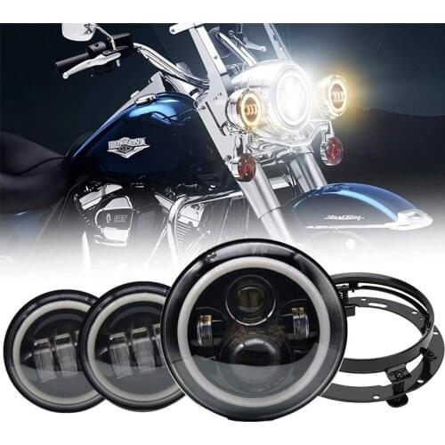 7" Black Halo LED Headlight + 4-1/2" Fog Passing Lights DRL Motorcycle Headlamp Kit Set for Harley Road King Heritage Softail