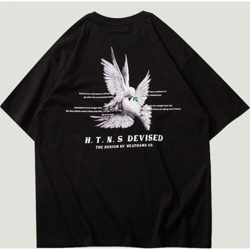 Streetwear Mens Pigeon Letter Printed T-shirt Harajuku Hip Hop Casual Cotton Loose Short Sleeve T-Shirts Male Summer Tops Tees