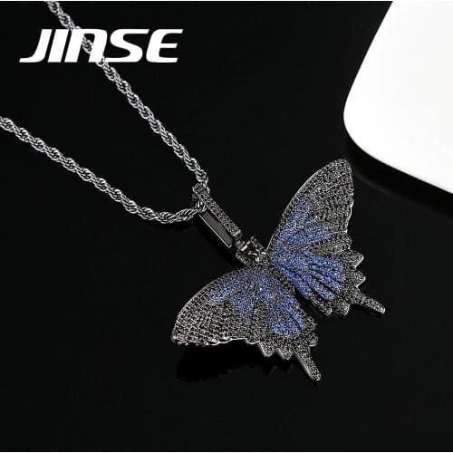 JINSE Hip Hop Animal Butterfly Iced Out Bling Cubic Zircon Necklace & Pendant For Men Jewelry Charm Rope Chain