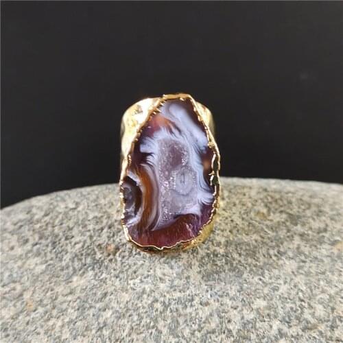 FUWO Gold/Silver Color Natural Geode Ring,Elegant Open Agates Crystal Druzy Jewelry Wholesale 5pieces/lot RG028