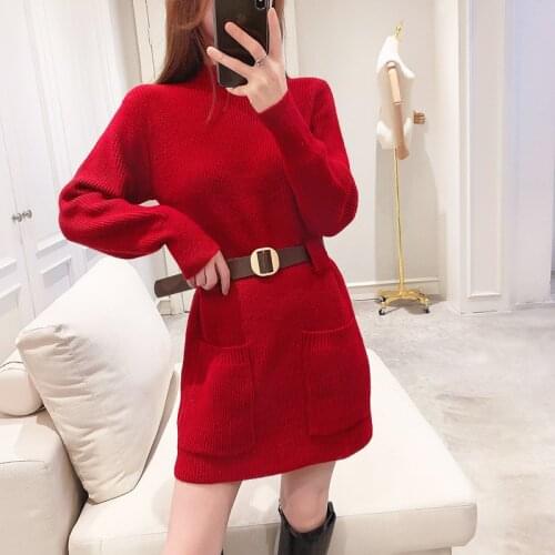 Red Knit Sweater Skirt, Fashion Belt Dress, Waist Waist, Thin Long Pullover 2020 Hot Style