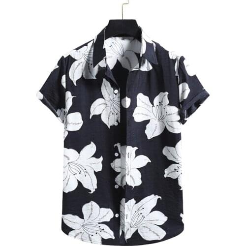 Fashion summer mens white flower red shirt printed sleeve short neck Lapel Street Hawaiian Shirt