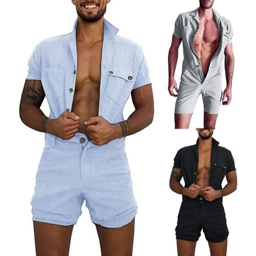 Men Jumpsuit Overalls Casual Solid Color Short Sleeve Pockets Button Jumpsuits Romper Fashion Overall Work Clothes Plus Size