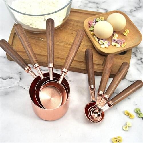 Walnut Handle Copper Plated Measuring Spoons Set Measuring Cup Kitchen Cooking Baking Tools Bar Bartending Scale Measuring Spoon