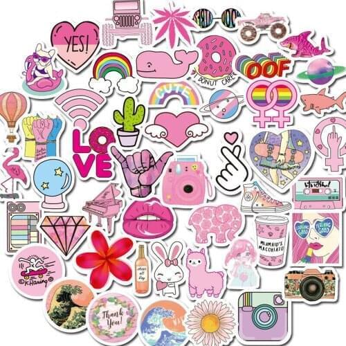50 Pcs Random Pink Waterproof VSCO Stickers Pack Vinyl Water Bottle Laptop Trendy Cartoon Cute Graffiti Sticker Decal Patches