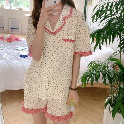 Pajamas Womens Summer New Product Sweet Ear Edge Small Flower 2Pcs Set Korean Cardigan Home Clothes Female Sleepwear Nightwear