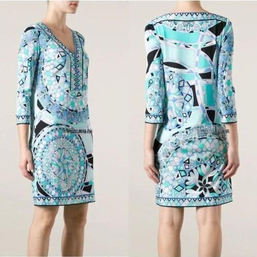 Luxurious Italian Brands Womens Stunning Print V-Neck Elegant 3/4 Sleeve Jersey Silk Dress Cute Dress Plus size XXL