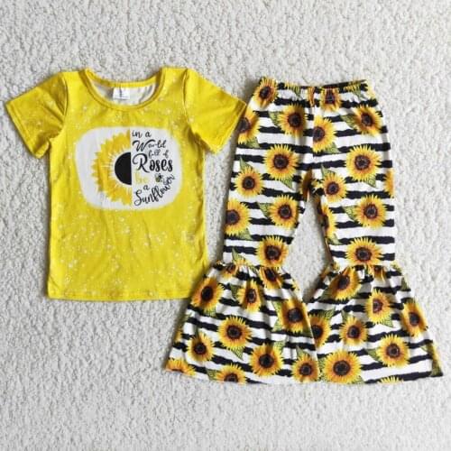 RTS baby kids infant sunflower short sleeve tee shirt top yellow black stripe floral print girls children boutique 2pcs outfits