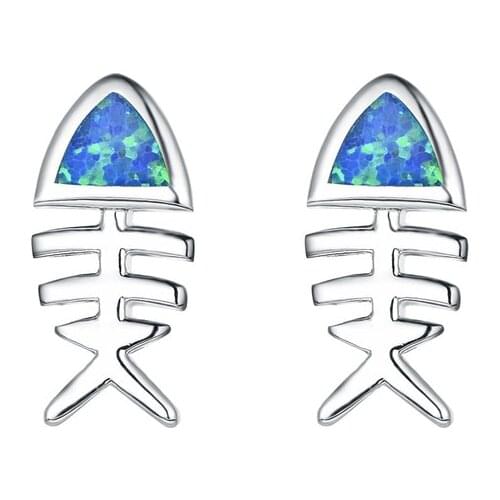 UFOORO stud earrings White Blue Fire Opal Earrings for Women Jewelry Cute fish bone Earrings Christmas Gift girlfriend Ear0958