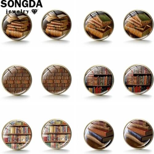 SONGDA Bronze Color Library Books Earrings Retro Old Books Bookshelf Art Pattern Glass Cabochon Stud Earrings Students Idea Gift