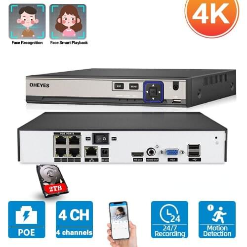 4K 4CH POE NVR Security System H.265 CCTV IP Network Surveillance Video Recorder 5MP 8MP XMEYE Face detection NVR ONVIF 4Channel