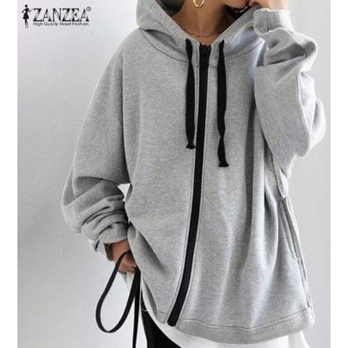 Stylish ZANZEA Women Hoodies Sweatshirt Coats Casual Long Sleeve Zipper Outwear Solid Streetwear Oversized Autumn Hooded Jackets