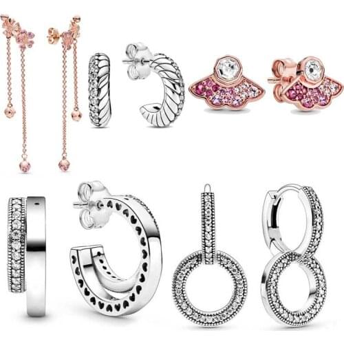 925 Sterling Silver Pink Fan Signature Pave Double Snake Chain Pattern Hoop pandora Earrings With Crystal For Women Jewelry Gift